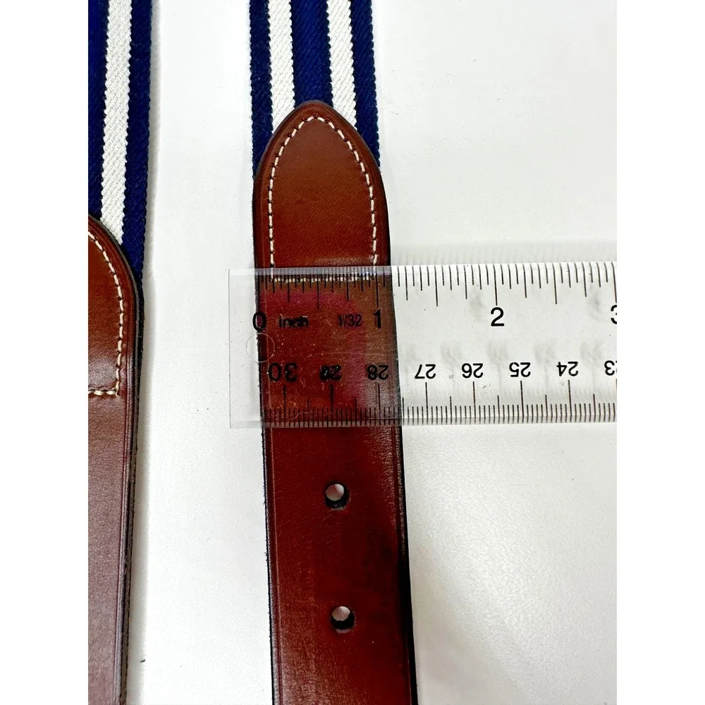 Polo Ralph Lauren Belt Sz 36 Blue White Striped Brown Leather Horse Preppy
